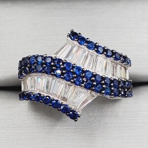 Round Blue Spinel & Diamond Baguette Simulant 925 Sterling Silver Ring